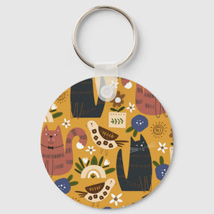 Vintage Cats and Birds, Hand Drawn. Key Ring