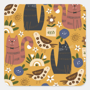Vintage Cats and Birds, Hand Drawn. Square Sticker