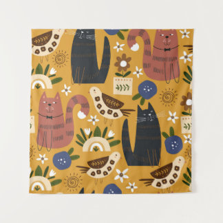 Vintage Cats and Birds, Hand Drawn. Tapestry
