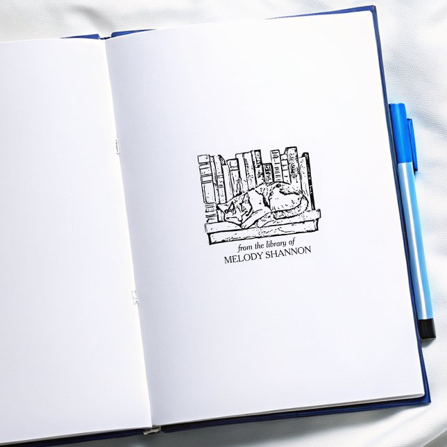 Vintage Cats Bookshelf Bookplate Rubber Stamp (Creator Uploaded)