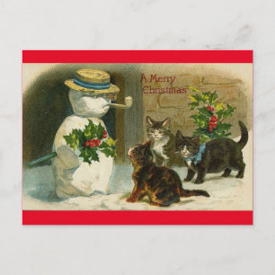 Vintage Cats Snow Man Merry Christmas Post Card