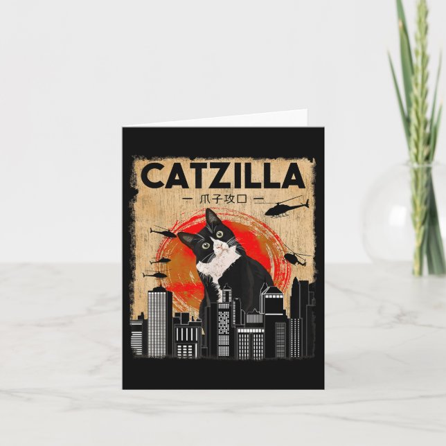 Vintage Catzilla - Funny Tuxedo Cat And Kitten  Card (Front)
