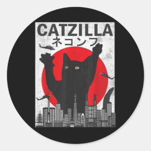 Vintage Catzilla Japanese Sunset Style Cat Kitten Classic Round Sticker