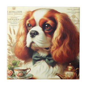 Vintage Cavalier King Charles Spaniel  Painting Ceramic Tile