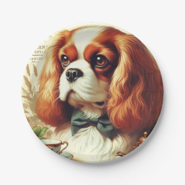 Vintage Cavalier King Charles Spaniel  Painting Paper Plate (Front)