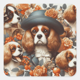 Vintage Cavalier King Charles Spaniel Painting Square Sticker