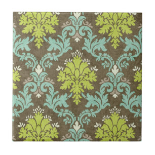 Vintage Celadon and Aqua Damask Ceramic Tile
