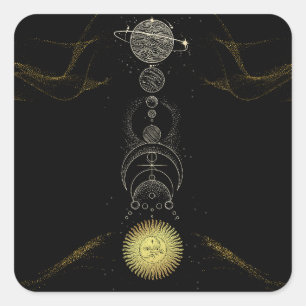 vintage celestial black and yellow square sticker