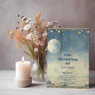 Vintage Celestial Blue Midnight  Stars Wedding Invitation