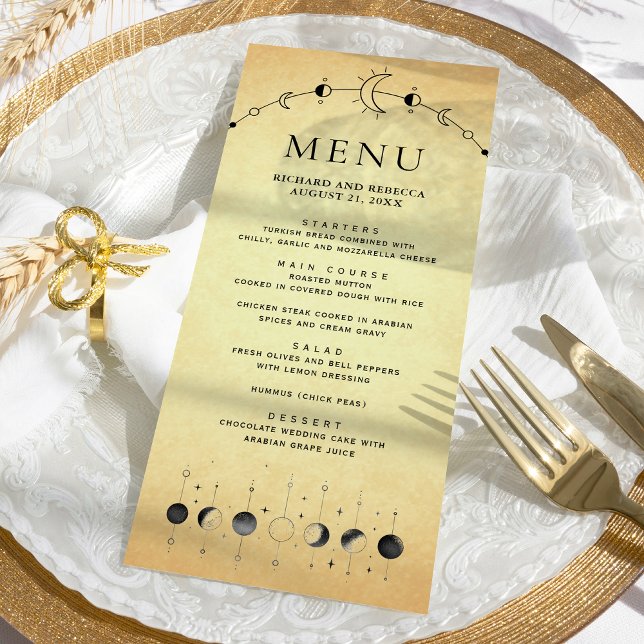 Vintage Celestial Crescent Moon Phases Wedding Menu (Creator Uploaded)