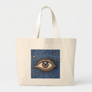 Vintage Celestial Eye Stars Moon Blue Large Tote Bag