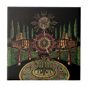 Vintage Celestial Fireworks Garden Night Landscape Ceramic Tile