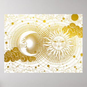 Vintage Celestial Golden Sun & Moon Poster
