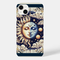 Vintage Celestial Half Sun & Moon Blue Yellow