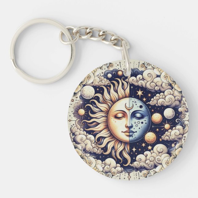 Vintage Celestial Half Sun & Moon Blue Yellow Key Ring (Front)