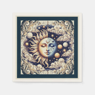 Vintage Celestial Half Sun & Moon Blue Yellow Napkin