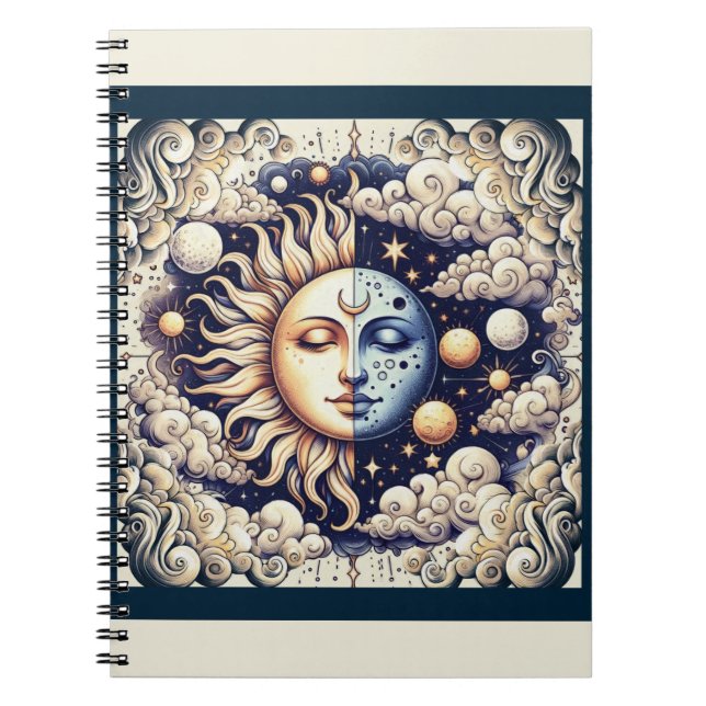 Vintage Celestial Half Sun & Moon Blue Yellow Notebook (Front)