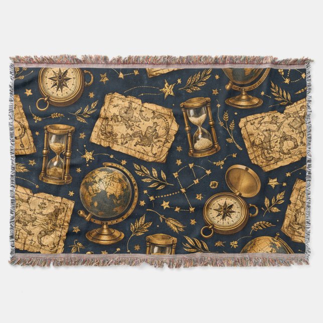 Vintage Celestial Map & Astronomy Pattern Throw Blanket (Front)