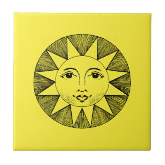 Vintage Celestial Smiling Sun Illustration Ceramic Tile