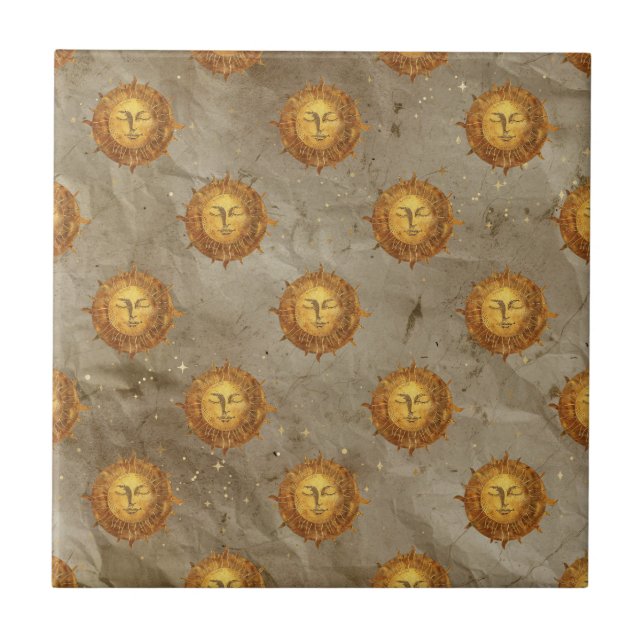 Vintage Celestial Sun Astrology Pattern Ceramic Tile (Front)