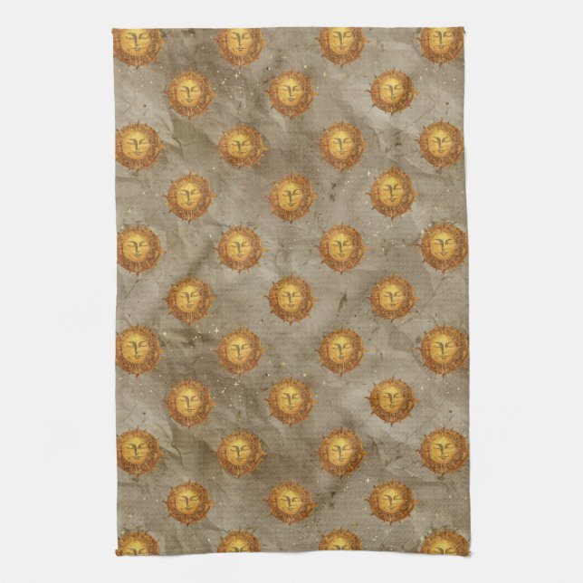 Vintage Celestial Sun Astrology Pattern Tea Towel (Vertical)