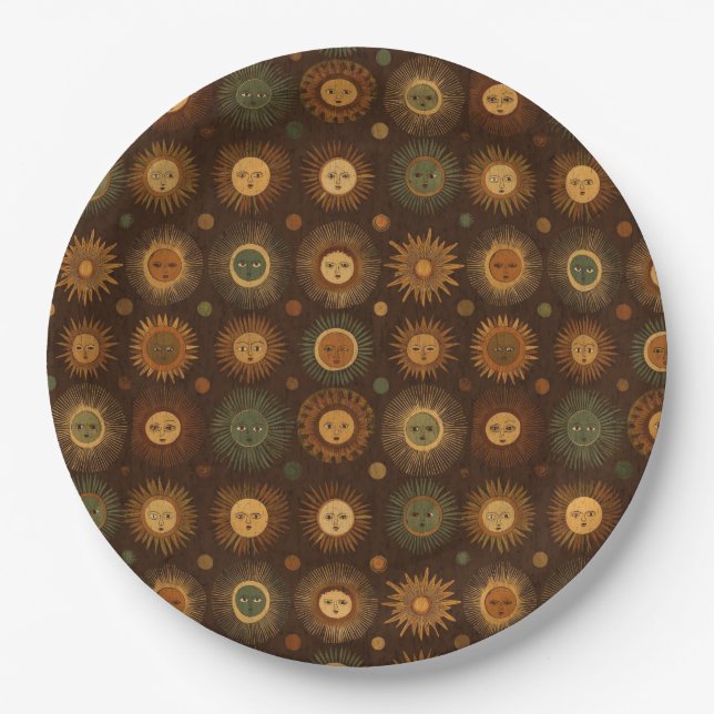 Vintage Celestial Sun Face Pattern Paper Plate (Front)