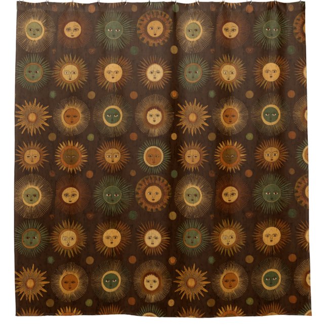 Vintage Celestial Sun Face Pattern Shower Curtain (Front)