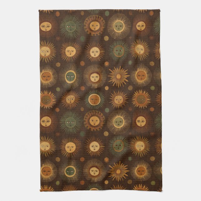 Vintage Celestial Sun Face Pattern Tea Towel (Vertical)
