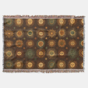 Vintage Celestial Sun Face Pattern Throw Blanket