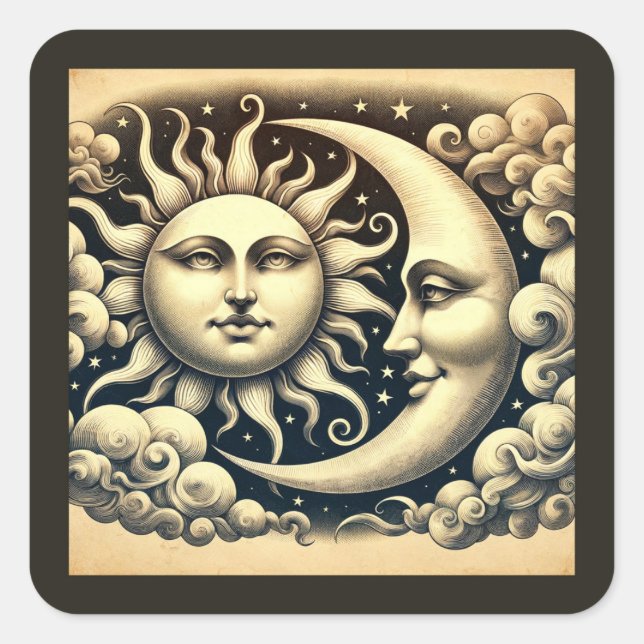 Vintage Celestial Sun & Moon Square Sticker (Front)