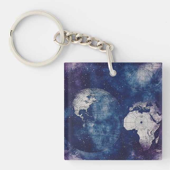 Vintage Celestial World Map (2) Key Ring (Front)