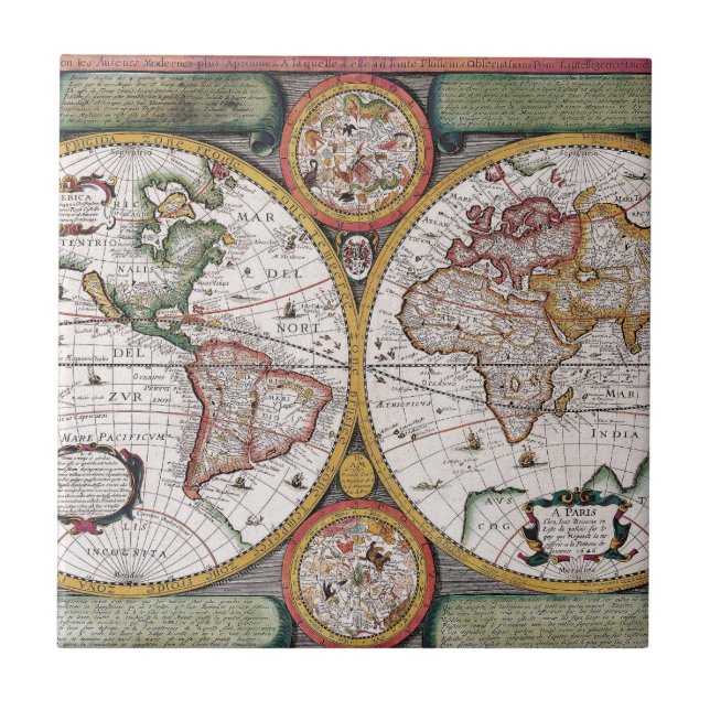 Vintage Celestial World Map with Zodiac Diagrams Ceramic Tile (Front)