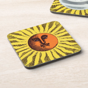 Vintage Celestial Yellow Smiling Happy Hippie Sun Coaster