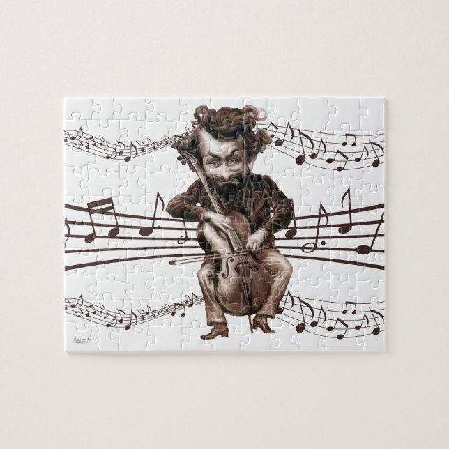 Vintage Cello Playing Caricature with Music Jigsaw Puzzle (Horizontal)