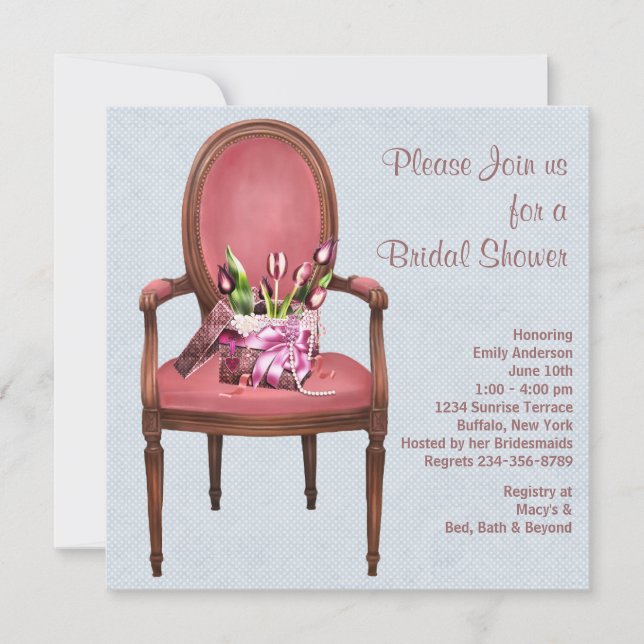 Vintage Chair Tulips Blue Bridal Shower Invitation (Front)