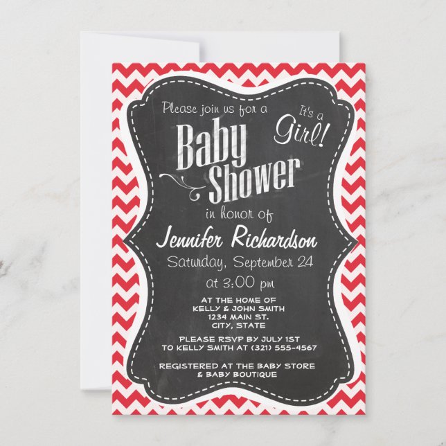Vintage Chalk Alizarin Crimson Chevron; zig zag Invitation (Front)