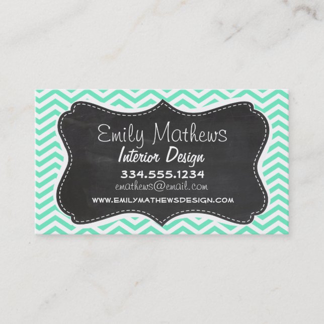 Vintage Chalkboard; Aquamarine Chevron; zig zag Business Card (Front)