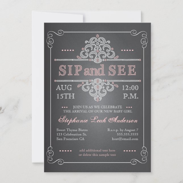 Vintage Chalkboard Baby Girl Sip & See Invitation (Front)