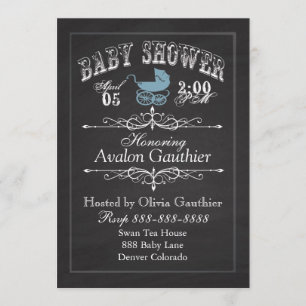 Vintage Chalkboard Baby Shower Blue Invitation
