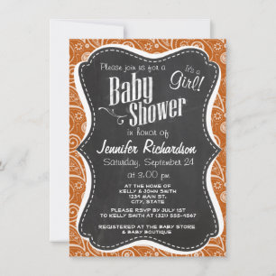 Vintage Chalkboard Burnt Orange Paisley; Floral Invitation
