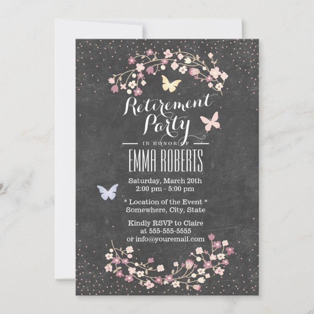 Vintage Chalkboard Butterfly Floral Retirement Invitation (Front)