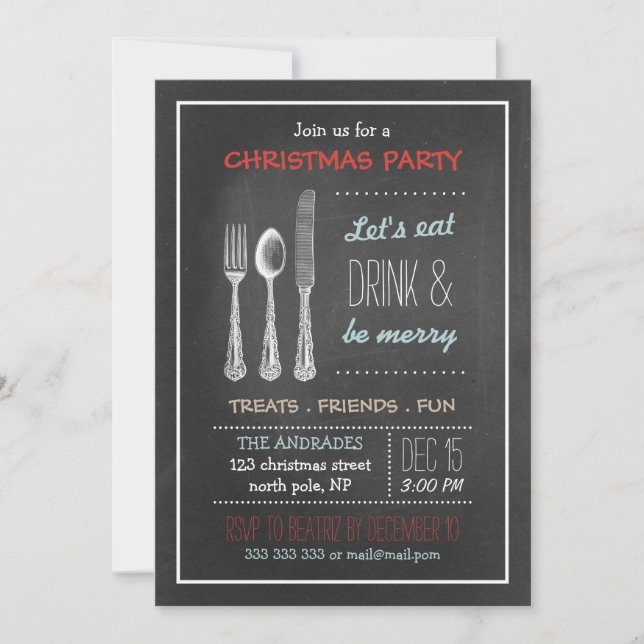 Vintage Chalkboard Christmas Party Red Blue White Invitation (Front)