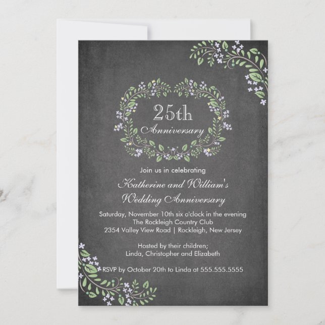 Vintage Chalkboard Floral Frame Anniversary Party Invitation (Front)
