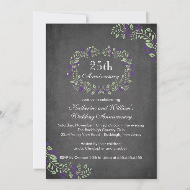 Vintage Chalkboard Floral Frame Anniversary Party Invitation (Front)