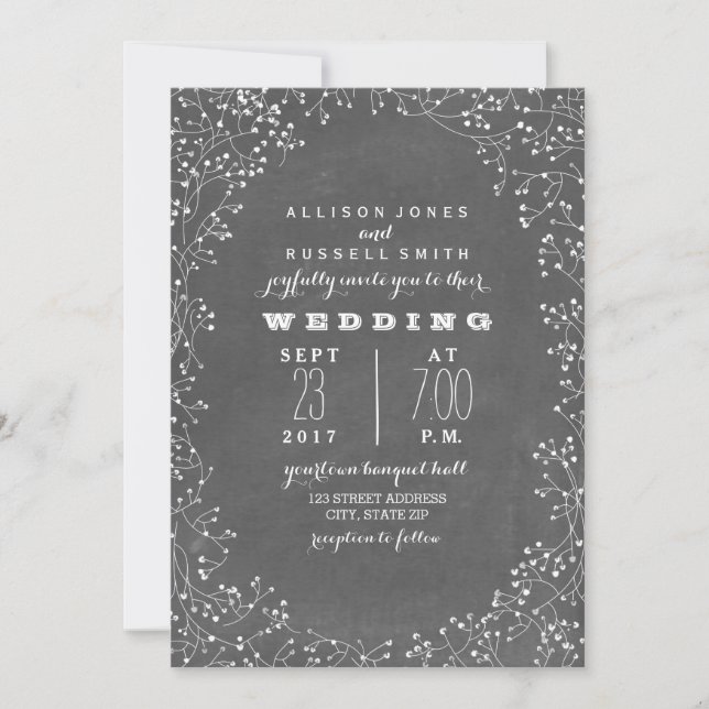 Vintage Chalkboard Inspired Baby's Breath Wedding Invitation (Front)