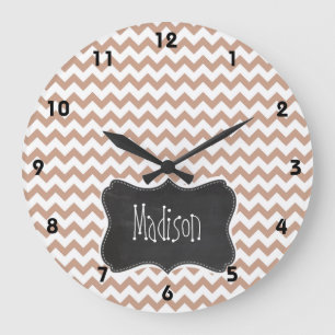 Vintage Chalkboard look; Brown Chevron Pattern Large Clock