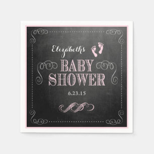 Vintage Chalkboard Look Pink Footprint Baby Shower Napkin