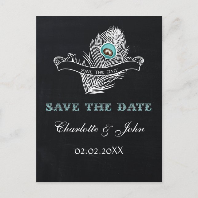 Vintage Chalkboard peacock  save the Date Announcement Postcard (Front)