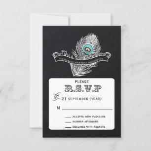 Vintage Chalkboard peacock wedding rsvp 3.5 x 5 Card