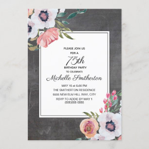 Vintage Chalkboard Pink White Floral 75th Birthday Invitation